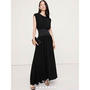 Banana Republic Stretch-Crepe Drop-Waist Maxi Dress Black Cap Sleeve Sz Xs $260